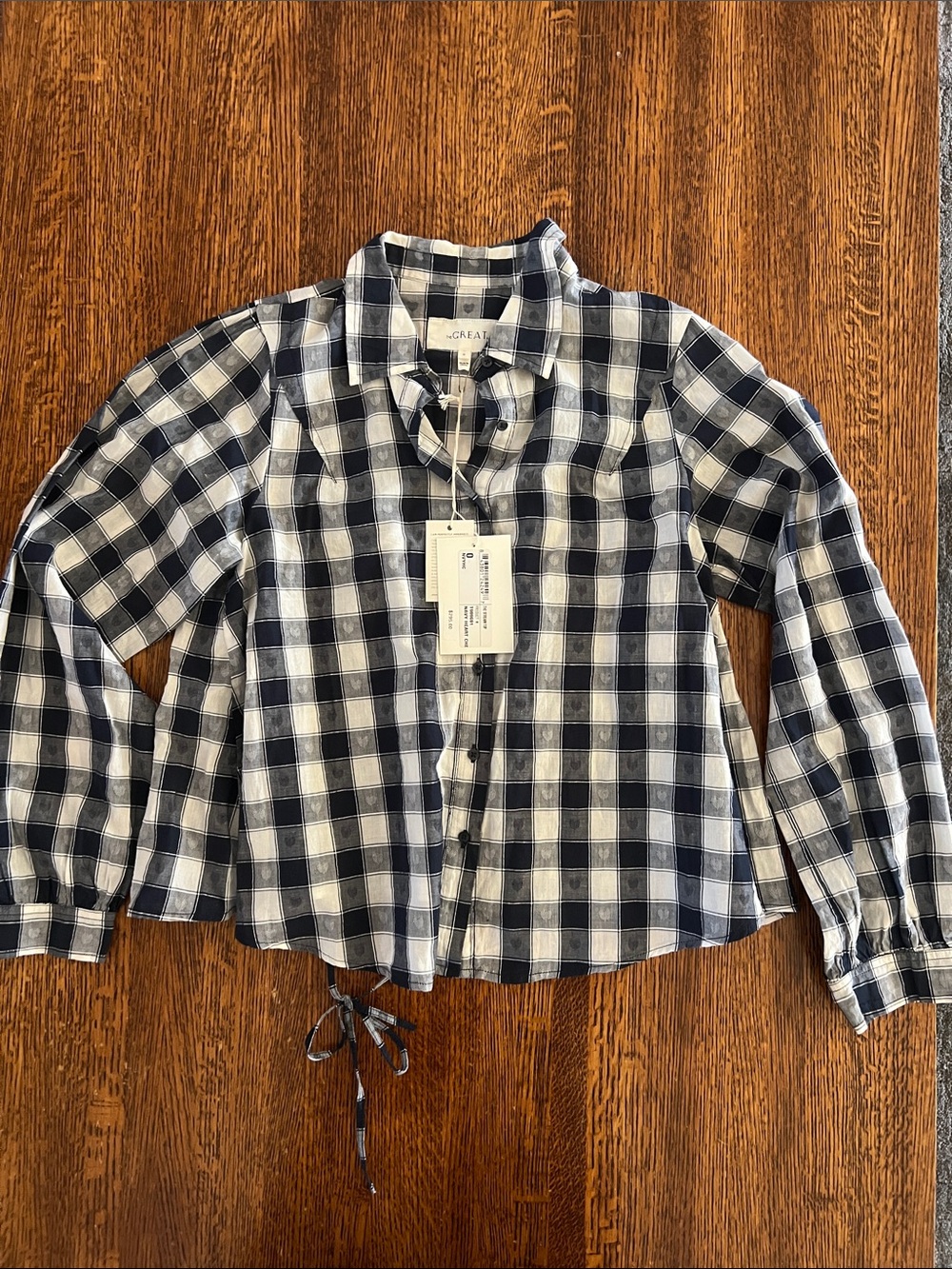 NWT The Great Navy and White Plaid Hearts Drawstring Back Button-Up Shirt SZ 0